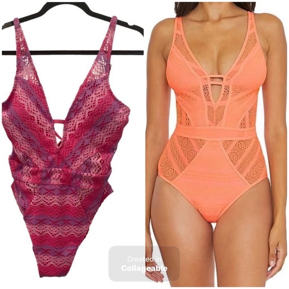 Becca Plunge Crochet Eyelet Pink One Piece Swimsuit.Size M - Picture 1 of 16